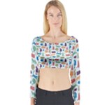Blue Colorful Cats Silhouettes Pattern Long Sleeve Crop Top