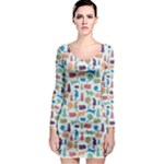 Blue Colorful Cats Silhouettes Pattern Long Sleeve Bodycon Dresses