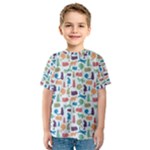 Blue Colorful Cats Silhouettes Pattern Kids  Sport Mesh Tee