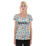 Blue Colorful Cats Silhouettes Pattern Women s Cap Sleeve Top