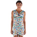 Blue Colorful Cats Silhouettes Pattern Wrap Front Bodycon Dress