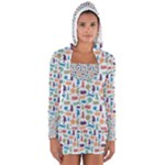 Blue Colorful Cats Silhouettes Pattern Women s Long Sleeve Hooded T-shirt