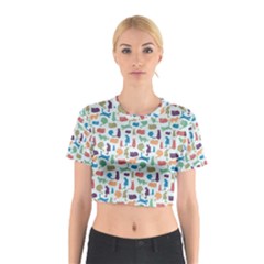 Blue Colorful Cats Silhouettes Pattern Cotton Crop Top from mytees