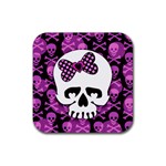 Pink Polka Dot Bow Skull Rubber Coaster (Square)