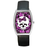 Pink Polka Dot Bow Skull Barrel Style Metal Watch