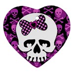 Pink Polka Dot Bow Skull Heart Ornament (Two Sides)