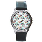 Blue Colorful Cats Silhouettes Pattern Round Metal Watches