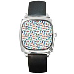 Blue Colorful Cats Silhouettes Pattern Square Metal Watches