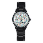 Blue Colorful Cats Silhouettes Pattern Stainless Steel Round Watches