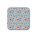 Blue Colorful Cats Silhouettes Pattern Rubber Square Coaster (4 pack) 
