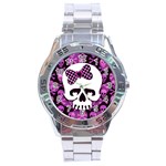 Pink Polka Dot Bow Skull Stainless Steel Analogue Watch