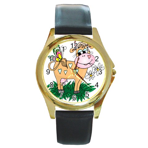Cute cow Round Gold Metal Watch from mytees Front