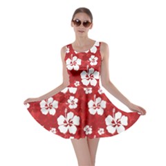 Red Pattern With Hibiscus Flowers On Red  Skater Dress
