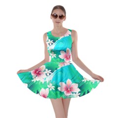 Turquoise Tropical White Hibiscus Flowers Green Leaves Skater Dress