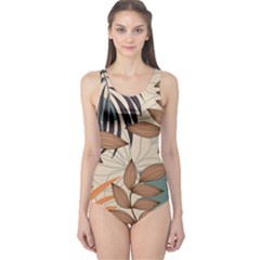 Trend Abstract Seamless Pattern With Colorful Tropical Leaves Plants Beige One Piece Swimsuit