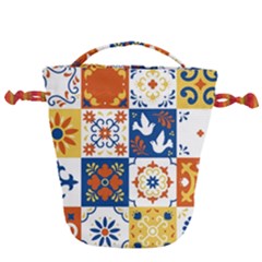 Mexican Talavera Pattern Ceramic Tiles With Flower Leaves Bird Ornaments Traditional Majolica Style Drawstring Bucket Bag