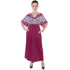 4 8 S1 1 Waist Band  V-neck Boho Style Maxi Dress