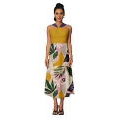 Floral Plants Jungle Polka 1 Sleeveless Cross Front Cocktail Midi Chiffon Dress