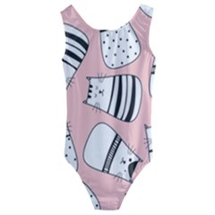 Cute Cats Cartoon Seamless-pattern Kids  Cut-out Back One Piece Swimsuit