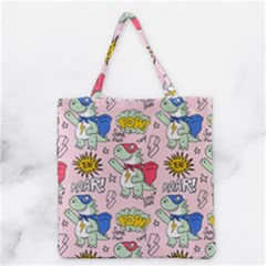 Seamless-pattern-with-many-funny-cute-superhero-dinosaurs-t-rex-mask-cloak-with-comics-style-inscrip Grocery Tote Bag