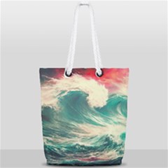 Storm Tsunami Waves Ocean Sea Nautical Nature Painting Full Print Rope Handle Tote (small)