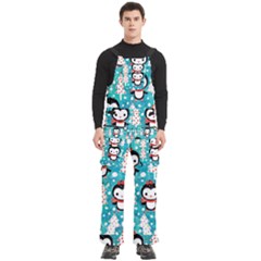 Blue Penguin Pattern, Adoxali, Christmas, Cute Men s Side Zip Front Pouch Ski And Snowboard Bib Pants	