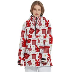 Christmas Texture, Pattern, Red, Craciun, Christmas, Bow, Gift Women s Pullover Zip Ski And Snowboard Waterproof Breathable Jacket