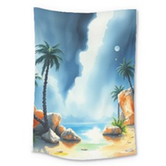 Delicate Watercolor Painting Surreal Oasis Scene With Intense Dramatic Lighting Large Tapestry