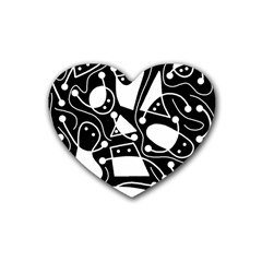 Playful Abstract Art - Black And White Rubber Coaster (heart) 