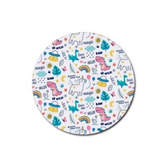 Colorful Doodle Animals Words Pattern Rubber Coaster (round) 