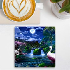 Flamingo Paradise Scenic Bird Fantasy Moon Paradise Waterfall Magical Nature Uv Print Square Tile Coaster 