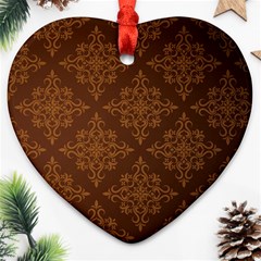 Brown Floral Pattern Floral Vintage Pattern, Brown Vintage Heart Ornament (two Sides)