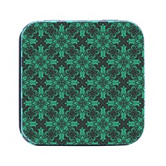 Green Damask Pattern Vintage Floral Pattern, Green Vintage Square Metal Box (black)