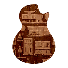 Cars Snow City Landscape Vintage Old Time Retro Pattern Guitar Shape Wood Guitar Pick Holder Case And Picks Set