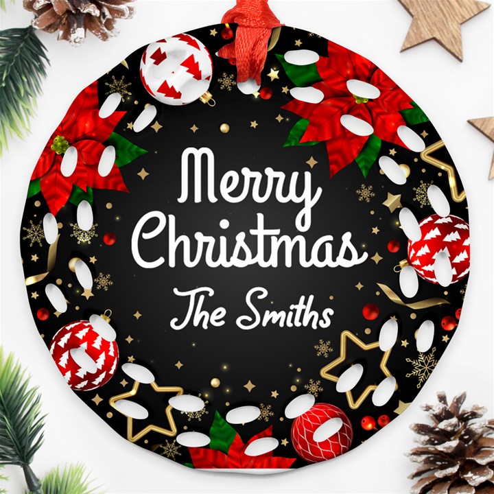 Personalized Merry Christmas Photo Family Name Any Text Round Filigree Ornament Round Filigree Ornament (Two Sides)