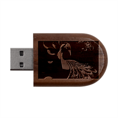 Colorful Peacock Bird Feathers Wood Oval Usb Flash Drive