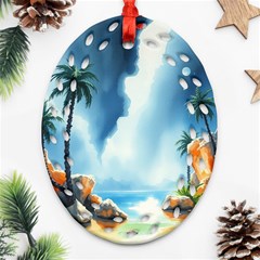 Delicate Watercolor Painting Surreal Oasis Scene With Intense Dramatic Lighting Oval Filigree Ornament (two Sides)