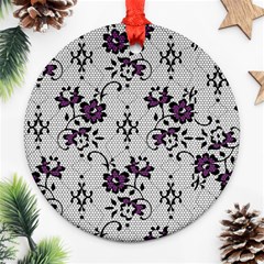 Elegant Purple Floral Jacquard Mesh Lace Fabric Round Ornament (two Sides)
