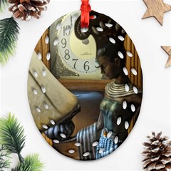 Clock And Lady Oval Filigree Ornament (two Sides)