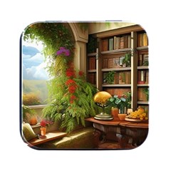 Room Interior Library Books Bookshelves Reading Literature Study Fiction Old Manor Book Nook Reading Square Metal Box (black)